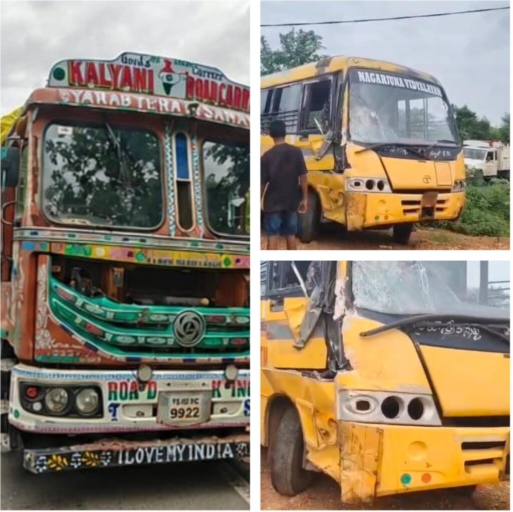 లారీని ఢీకొట్టిన స్కూల్ బస్సు